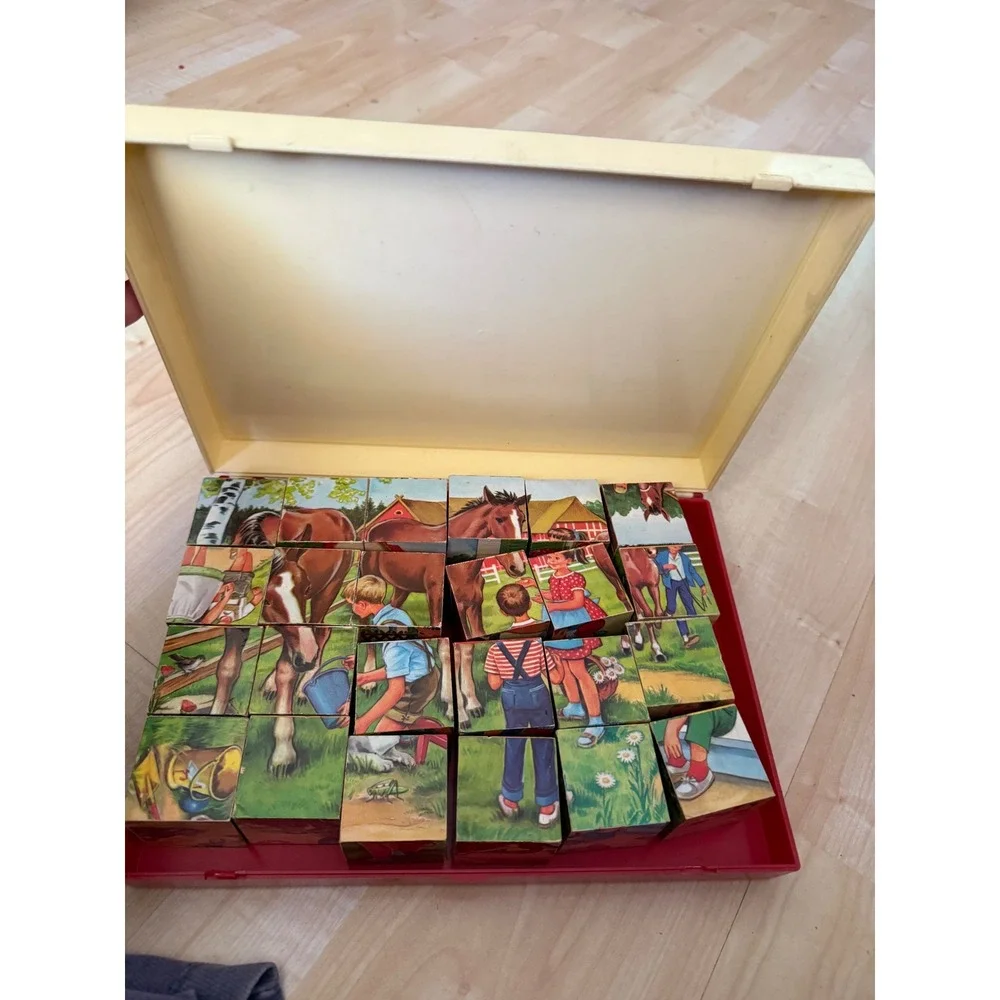 Childrens‎ vintage 1950 Wooden Picture Block Puzzle and Case made in Germany